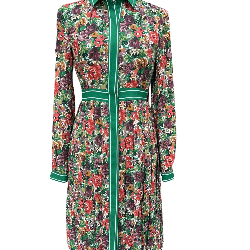 Brooks Brothers Retro Multicolor Floral Long Sleeve Dress with Green Stripe Band - Picture 7 of 12